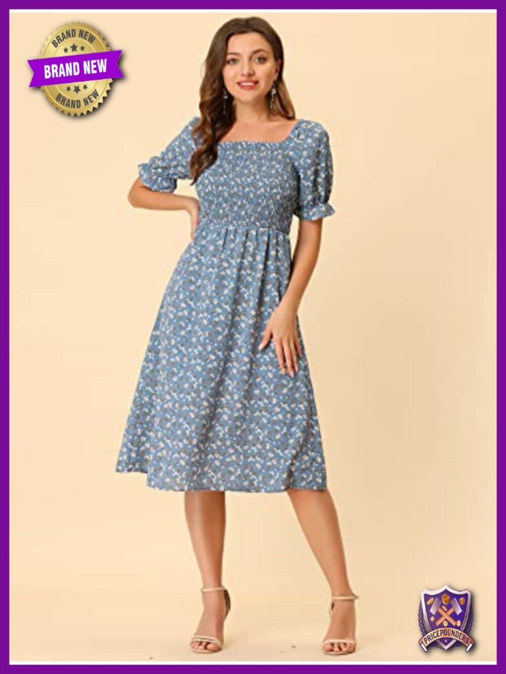Cottagecore Floral Smocked Midi Dress Puff Sleeve Cottagecore - Picture 2 of 4